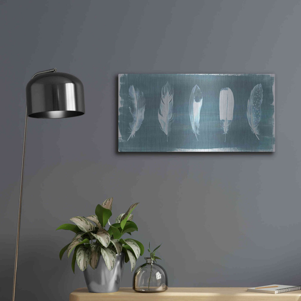 Luxe Metal Art 'Feathers on Dusty Teal' by Grace Popp, Metal Wall Art,24x12