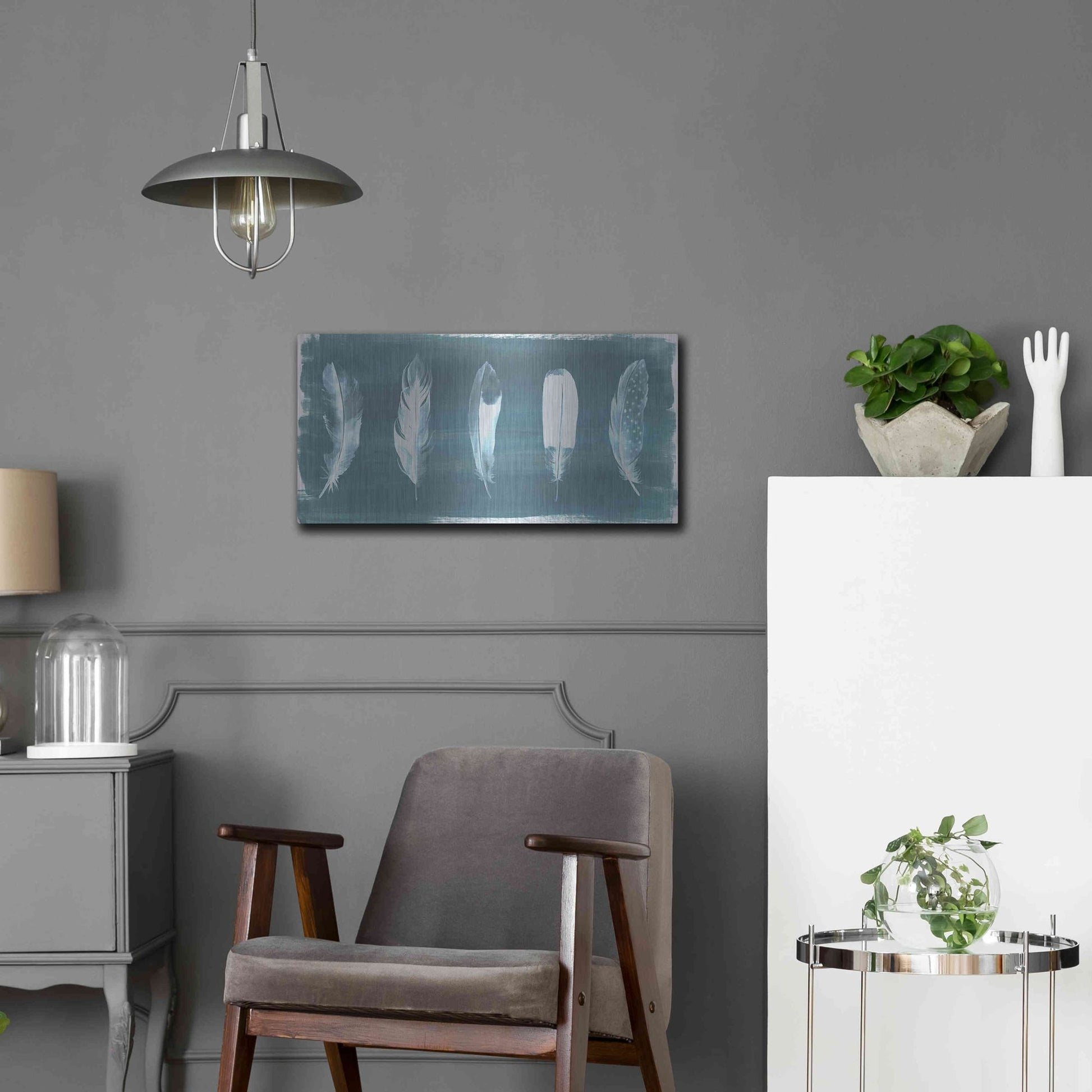 Luxe Metal Art 'Feathers on Dusty Teal' by Grace Popp, Metal Wall Art,24x12