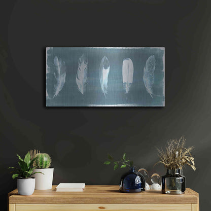 Luxe Metal Art 'Feathers on Dusty Teal' by Grace Popp, Metal Wall Art,24x12