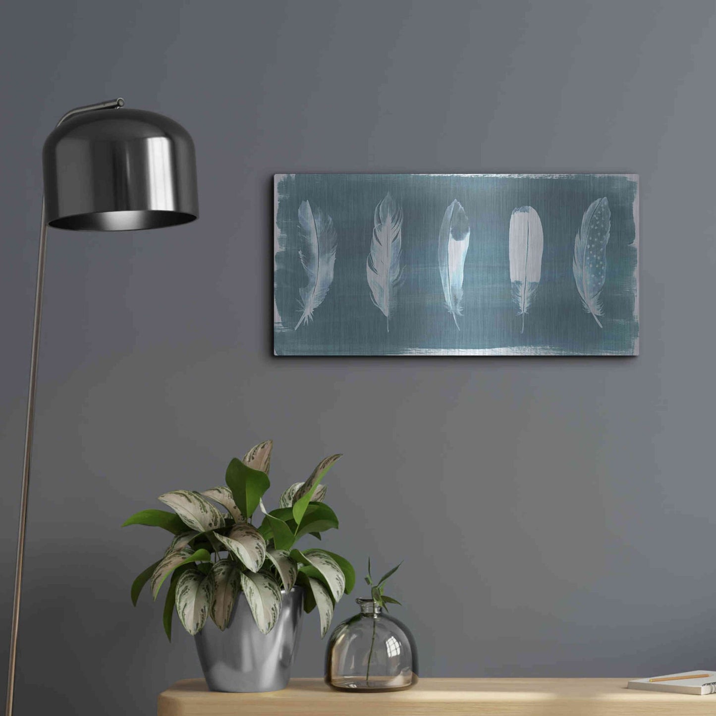 Luxe Metal Art 'Feathers on Dusty Teal' by Grace Popp, Metal Wall Art,24x12