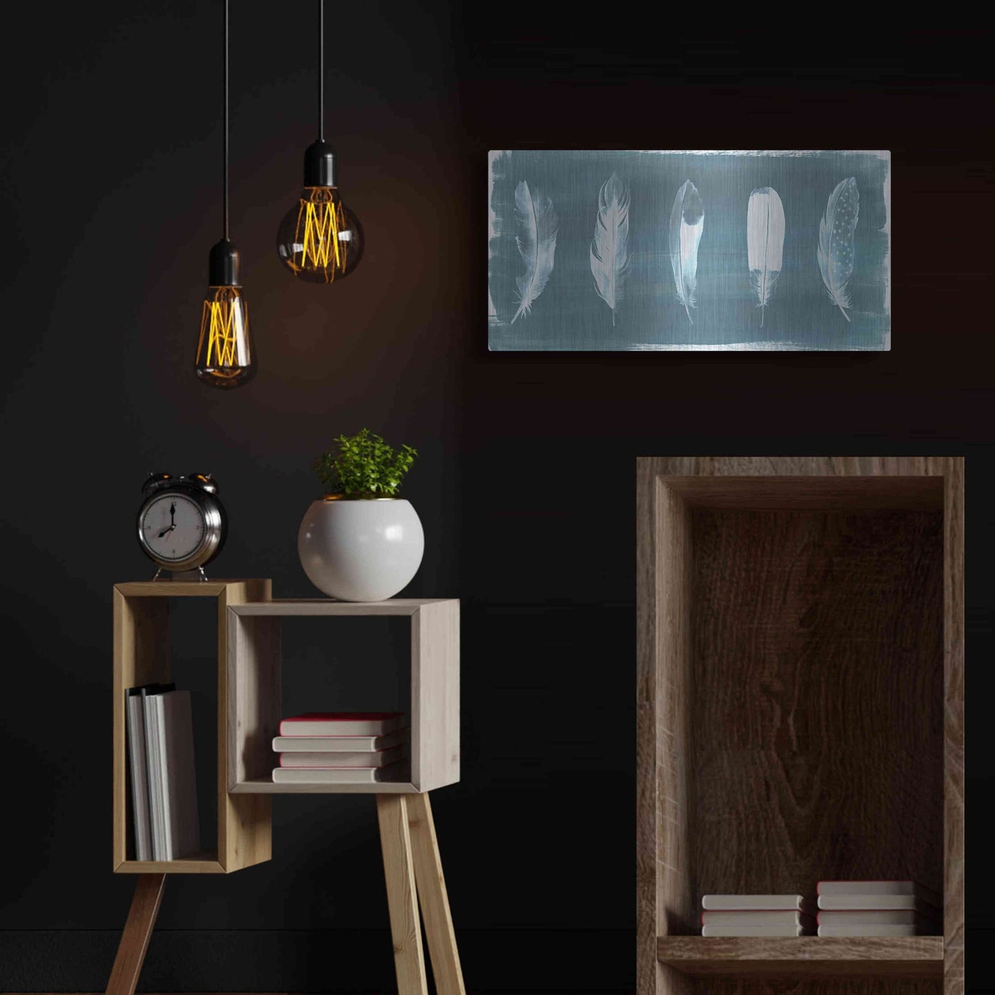 Luxe Metal Art 'Feathers on Dusty Teal' by Grace Popp, Metal Wall Art,24x12