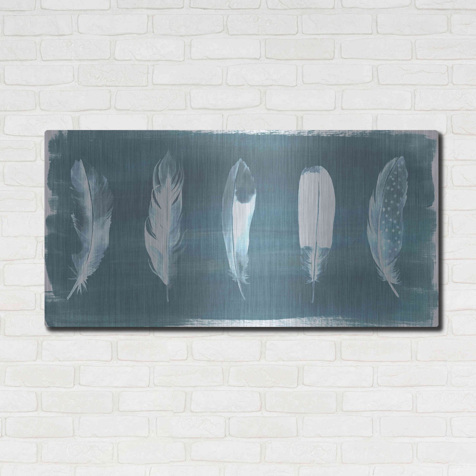Luxe Metal Art 'Feathers on Dusty Teal' by Grace Popp, Metal Wall Art,48x24