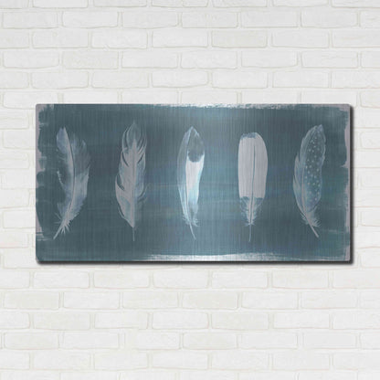Luxe Metal Art 'Feathers on Dusty Teal' by Grace Popp, Metal Wall Art,48x24