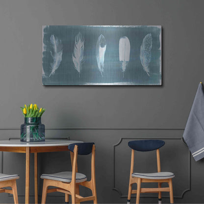 Luxe Metal Art 'Feathers on Dusty Teal' by Grace Popp, Metal Wall Art,48x24