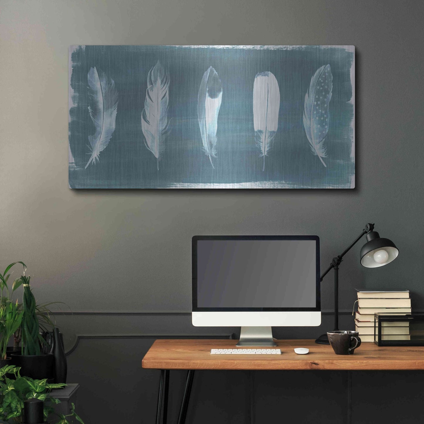 Luxe Metal Art 'Feathers on Dusty Teal' by Grace Popp, Metal Wall Art,48x24