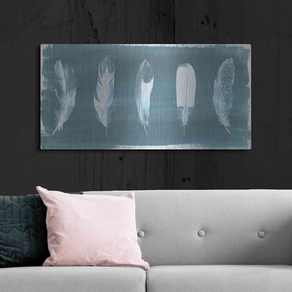 Luxe Metal Art 'Feathers on Dusty Teal' by Grace Popp, Metal Wall Art,48x24