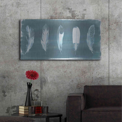 Luxe Metal Art 'Feathers on Dusty Teal' by Grace Popp, Metal Wall Art,48x24