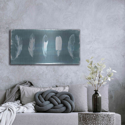 Luxe Metal Art 'Feathers on Dusty Teal' by Grace Popp, Metal Wall Art,48x24
