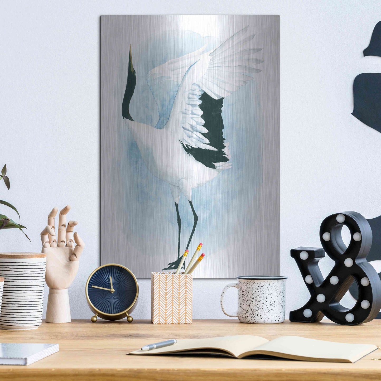 Luxe Metal Art 'Dancing Crane I' by Grace Popp, Metal Wall Art,12x16