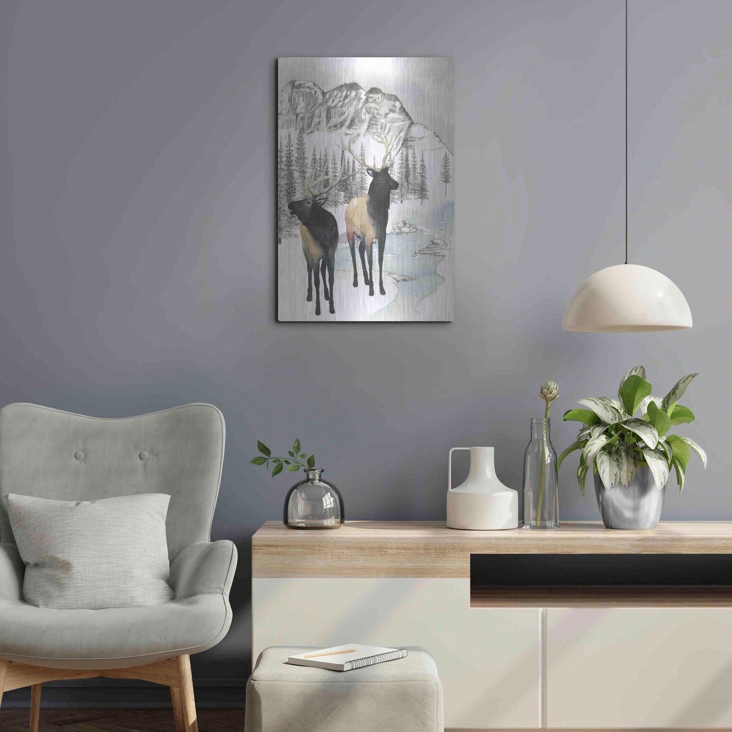 Luxe Metal Art 'Winter Elk II' by Grace Popp, Metal Wall Art,16x24