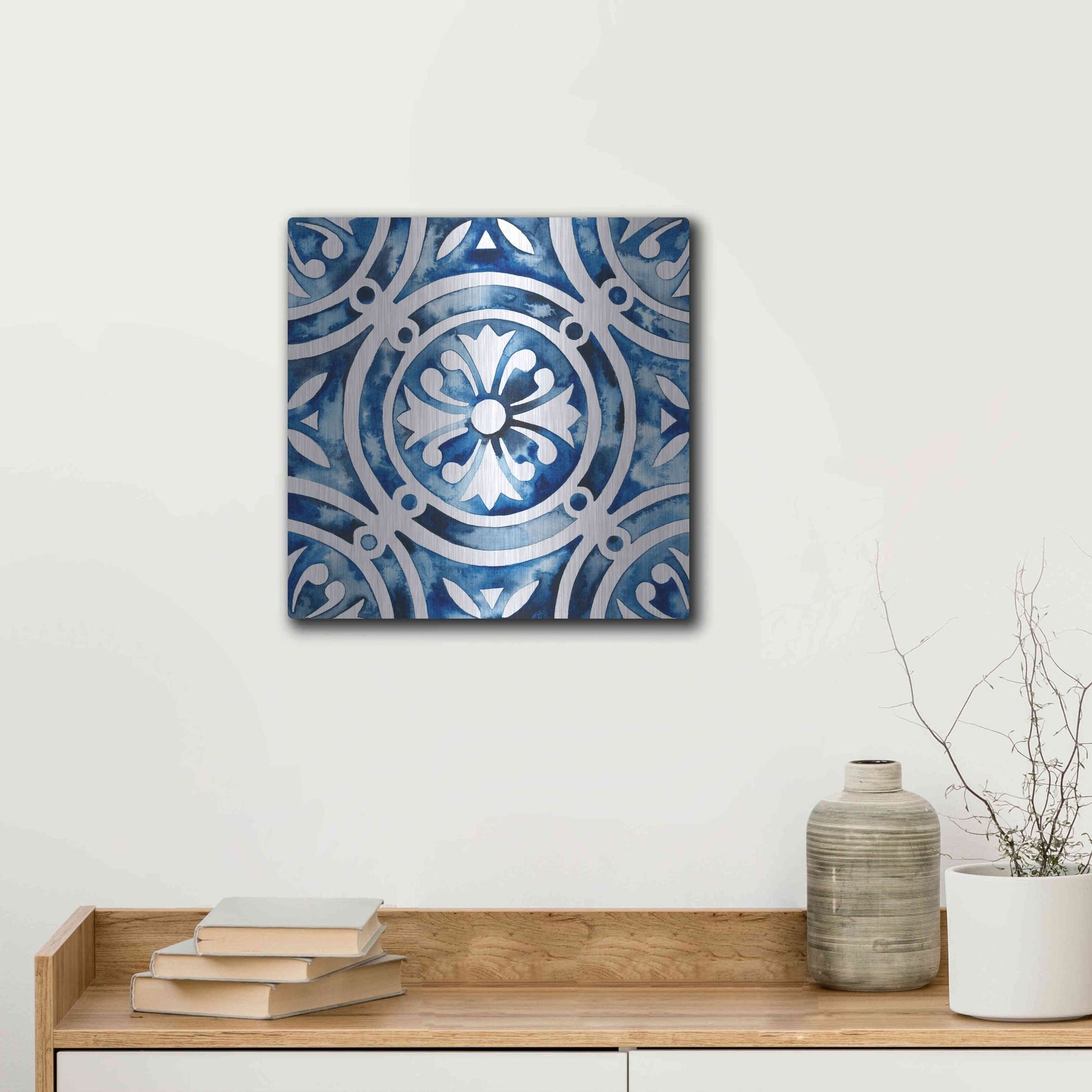 Luxe Metal Art 'Cobalt Tile IV' by Grace Popp, Metal Wall Art,12x12