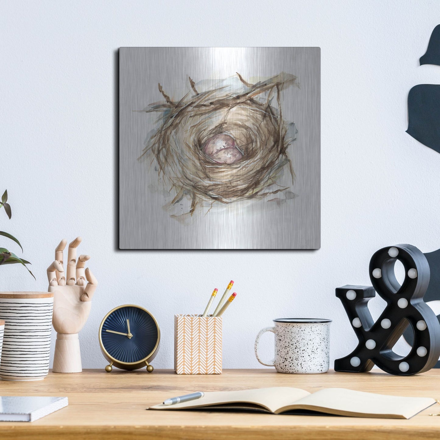 Luxe Metal Art 'Bird Nest Study IV' by Ethan Harper, Metal Wall Art,12x12