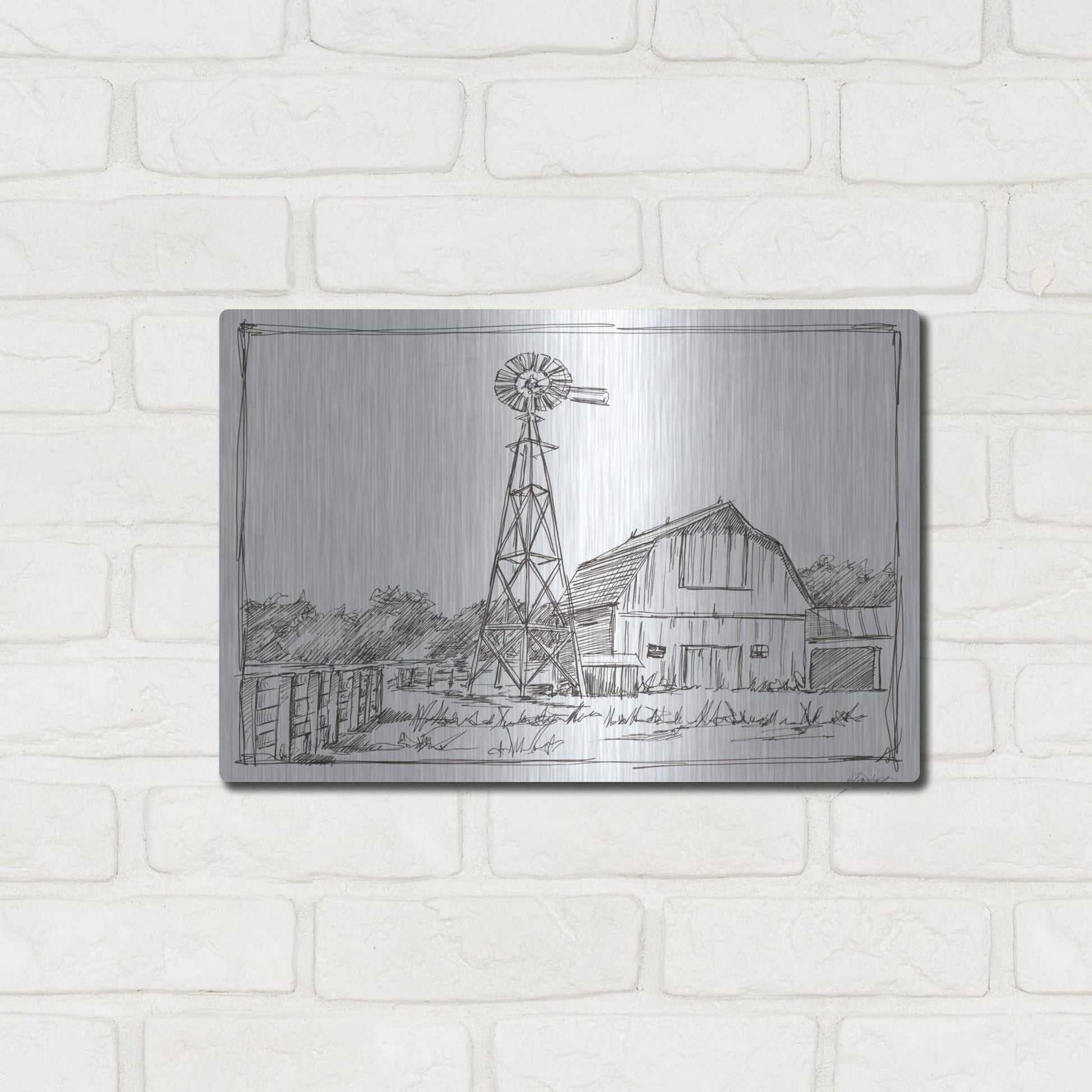 Luxe Metal Art 'Farm Sketch II' by Ethan Harper, Metal Wall Art,16x12