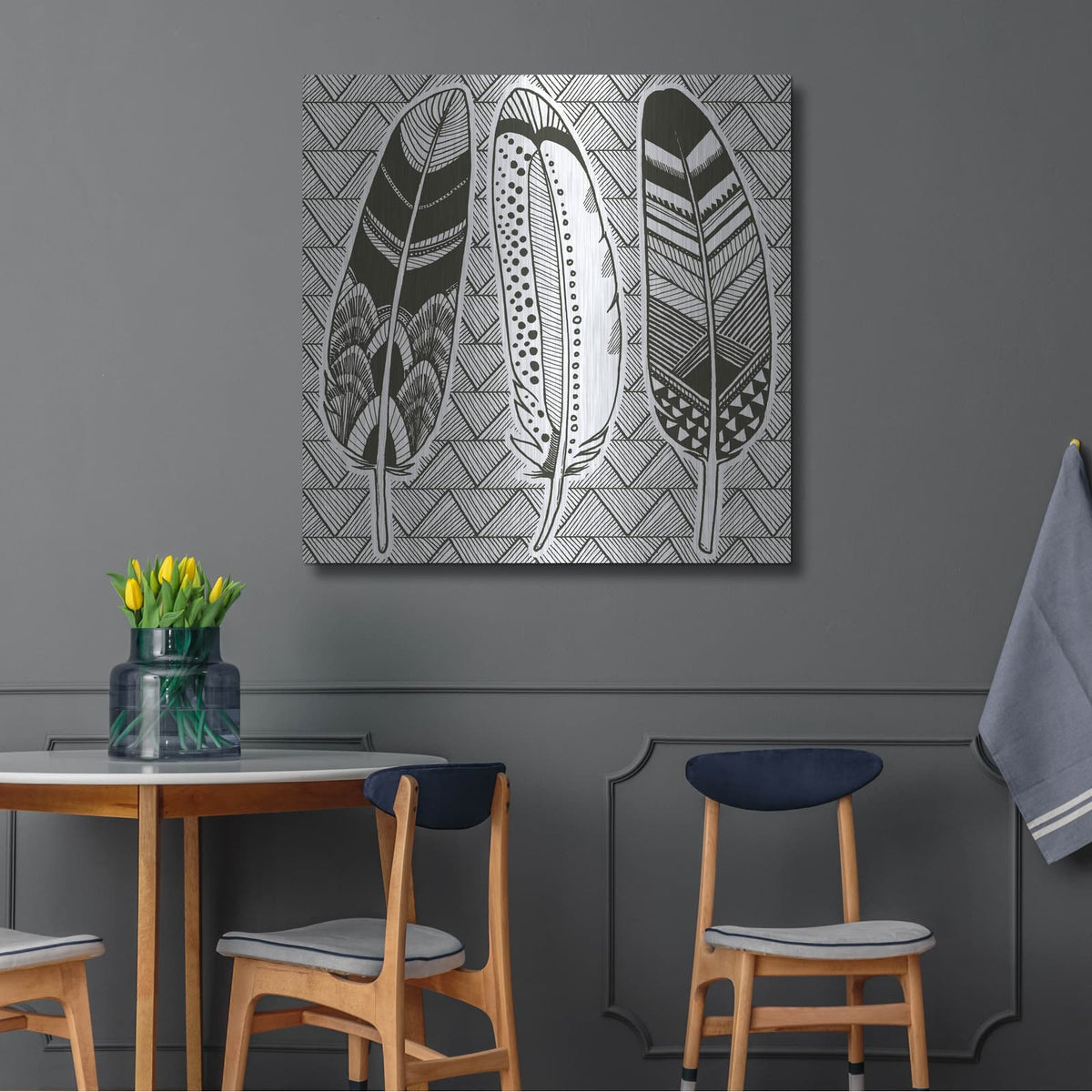 'Geo Feathers I Zentangle' by Sara Zieve Miller – Metal Wall Art, 36x36 room view