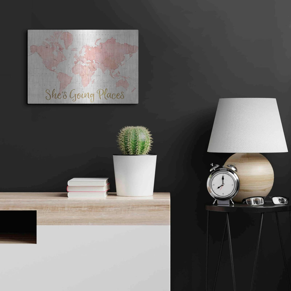 'Across the World Shes Going Places Pink' by Sue Schlabach – Metal Wall Art, 24x16 room view