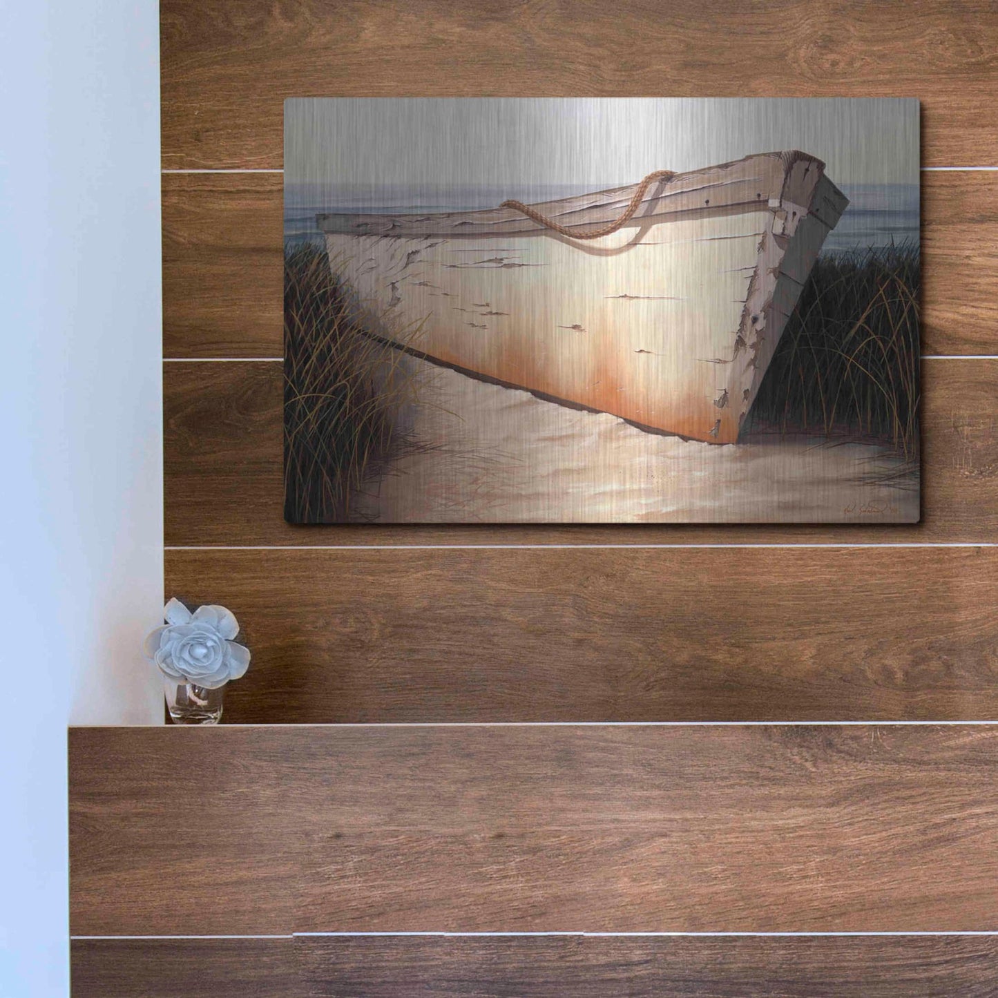 Luxe Metal Art 'White Boat' by Karl Soderlund, Metal Wall Art,16x12