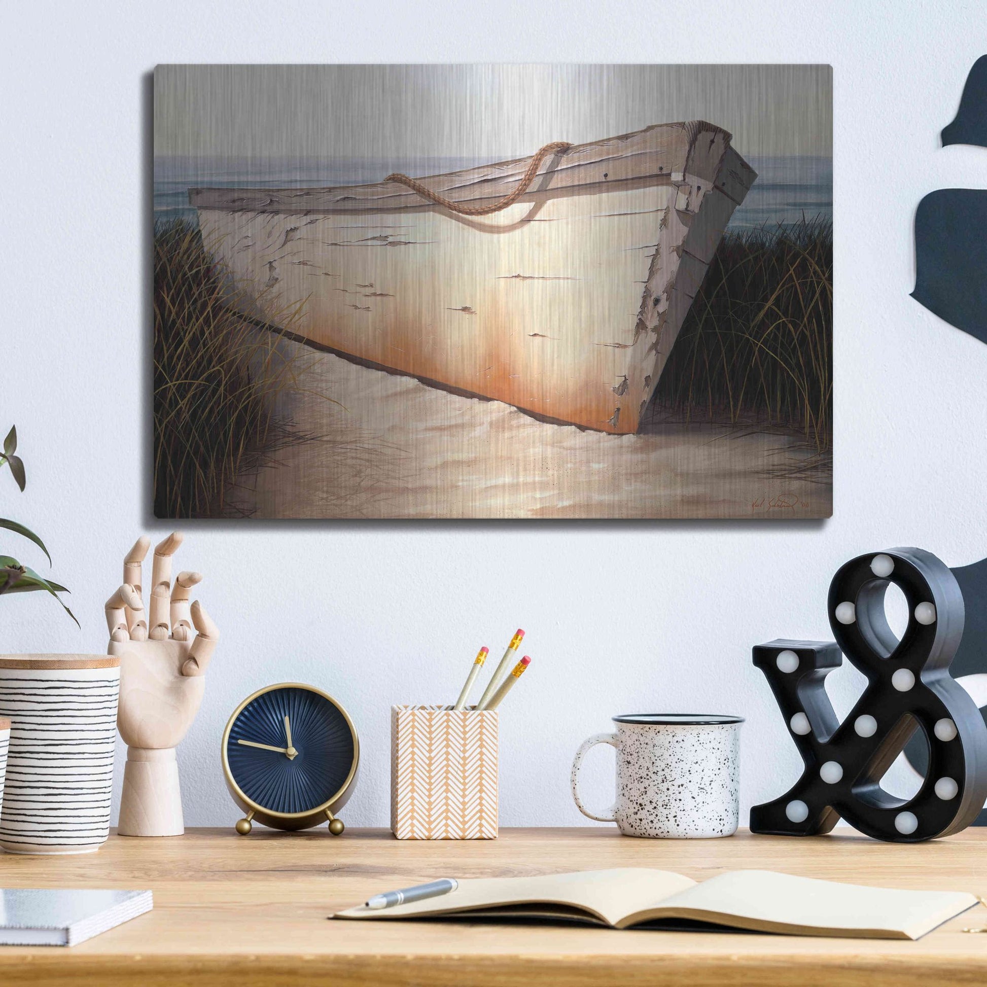 Luxe Metal Art 'White Boat' by Karl Soderlund, Metal Wall Art,16x12