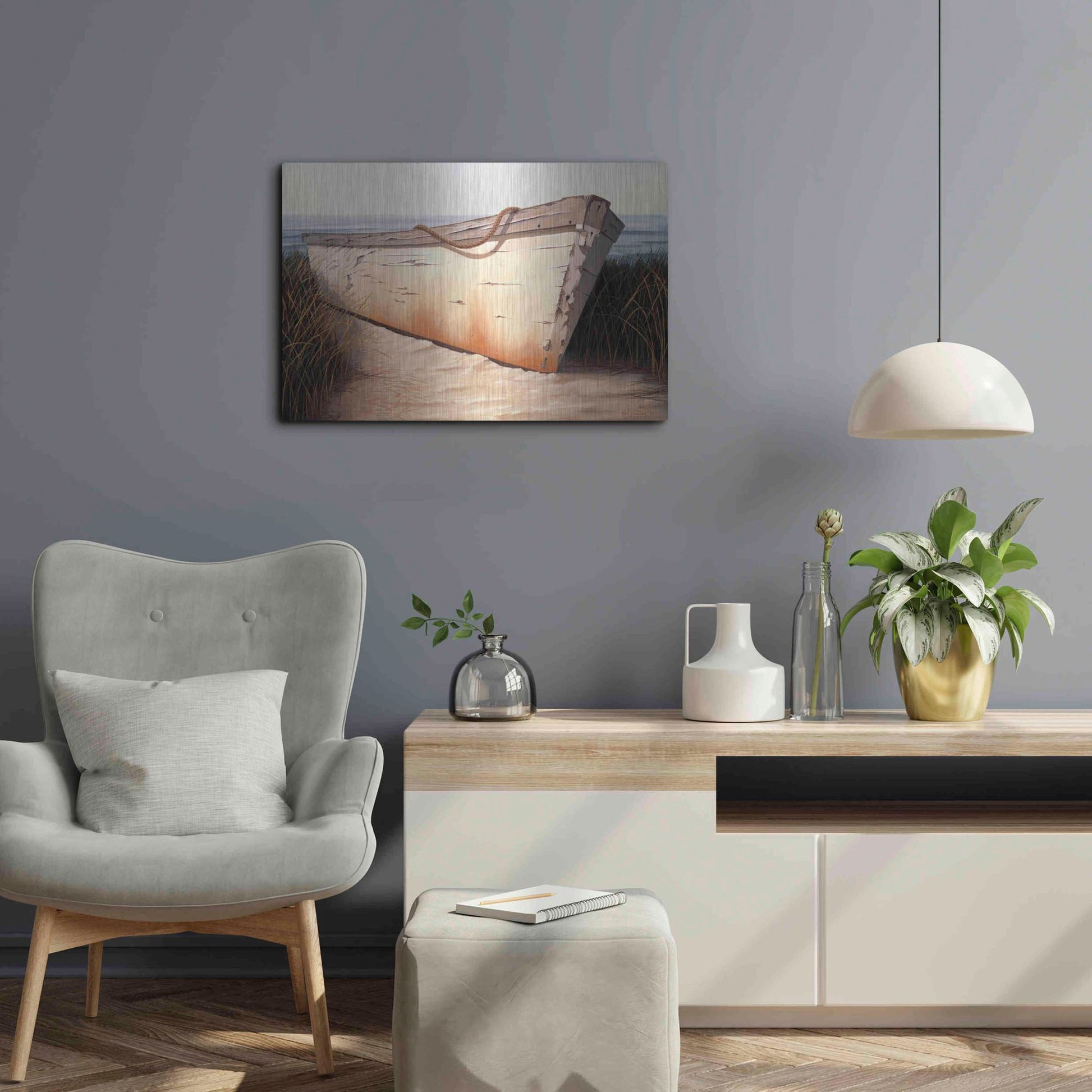Luxe Metal Art 'White Boat' by Karl Soderlund, Metal Wall Art,24x16