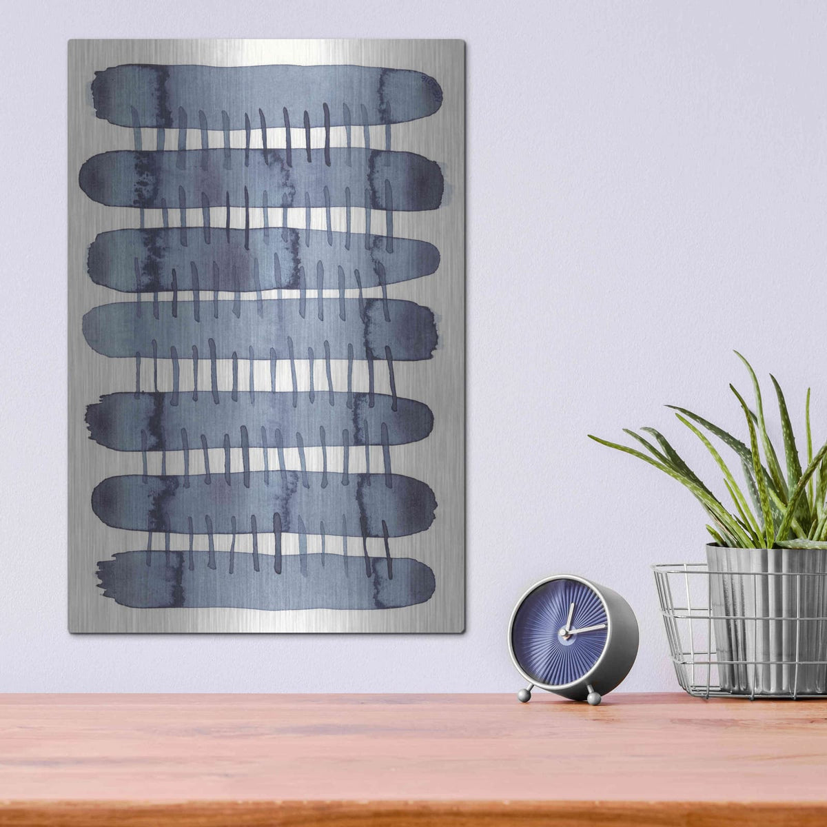 'Indigo Stitchy I' by Nikki Galapon – Metal Wall Art, 12x16 room view