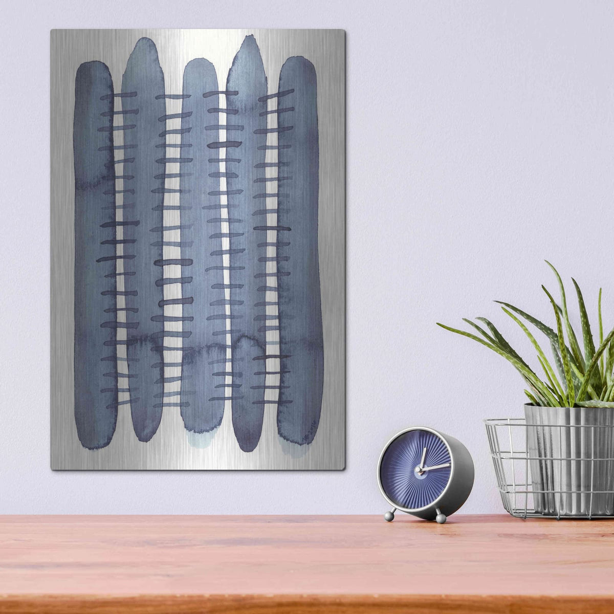 'Indigo Stitchy II' by Nikki Galapon – Metal Wall Art, 12x16 room view