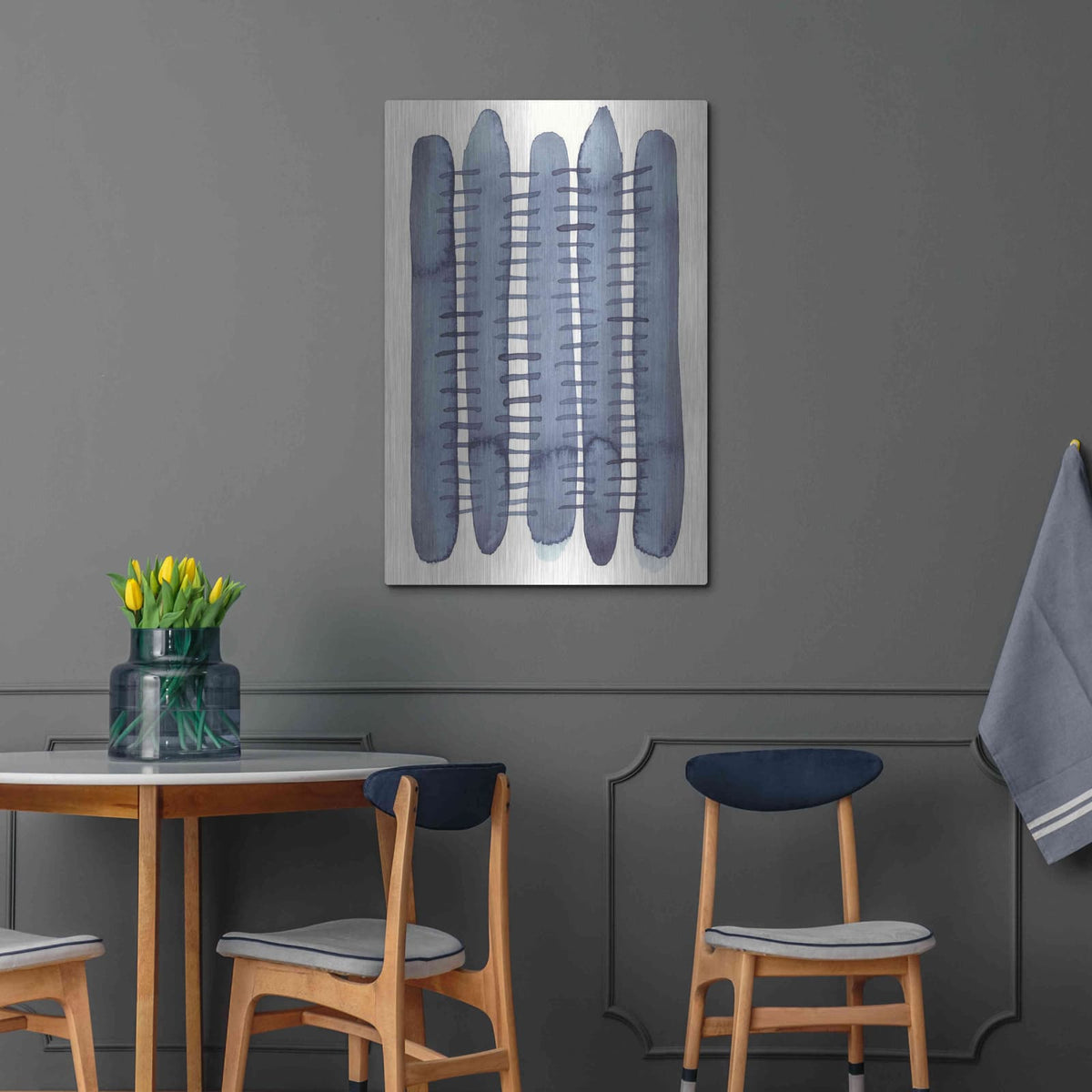 'Indigo Stitchy II' by Nikki Galapon – Metal Wall Art, 24x36 room view