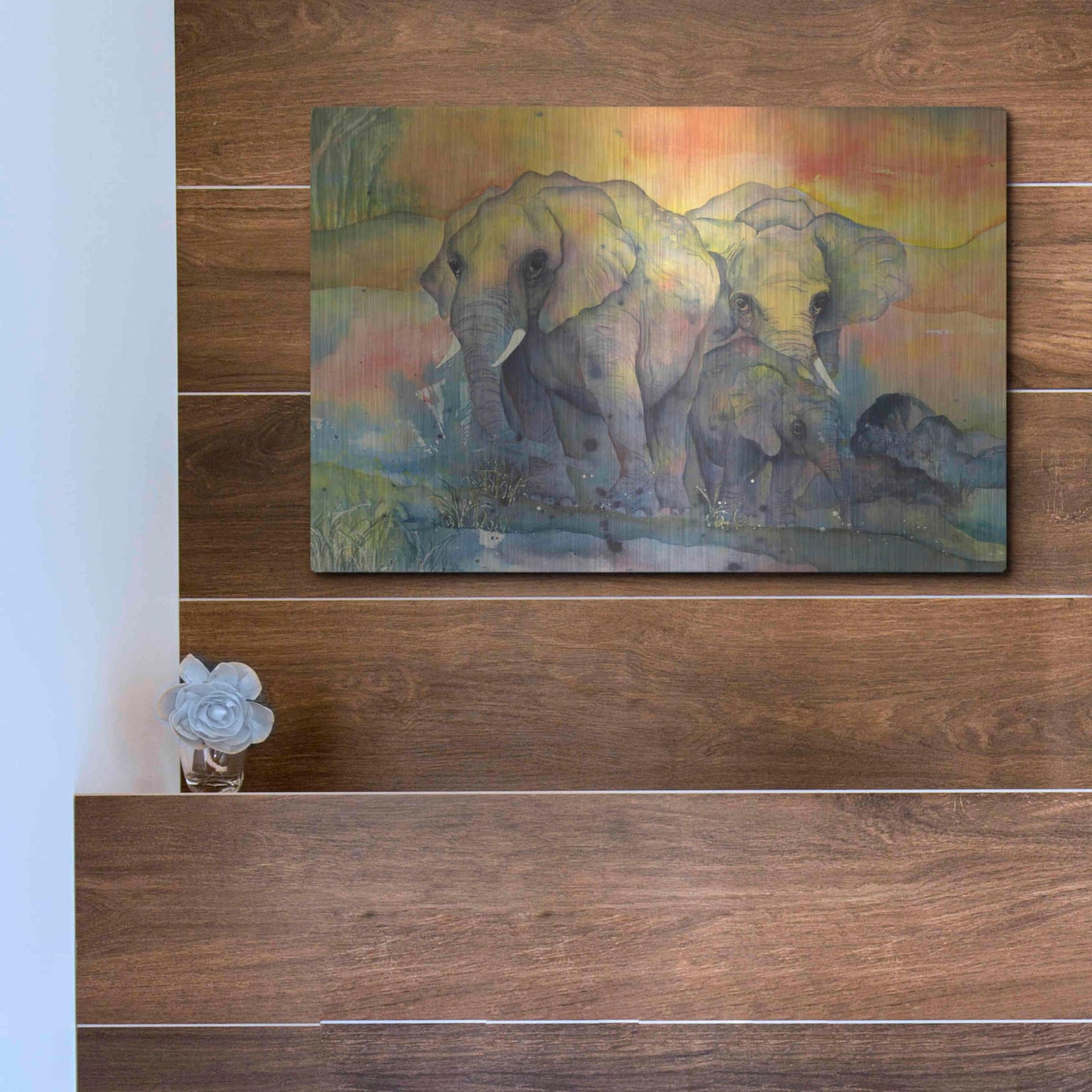 Luxe Metal Art 'Elephants Crop' by Chris Paschke, Metal Wall Art,16x12