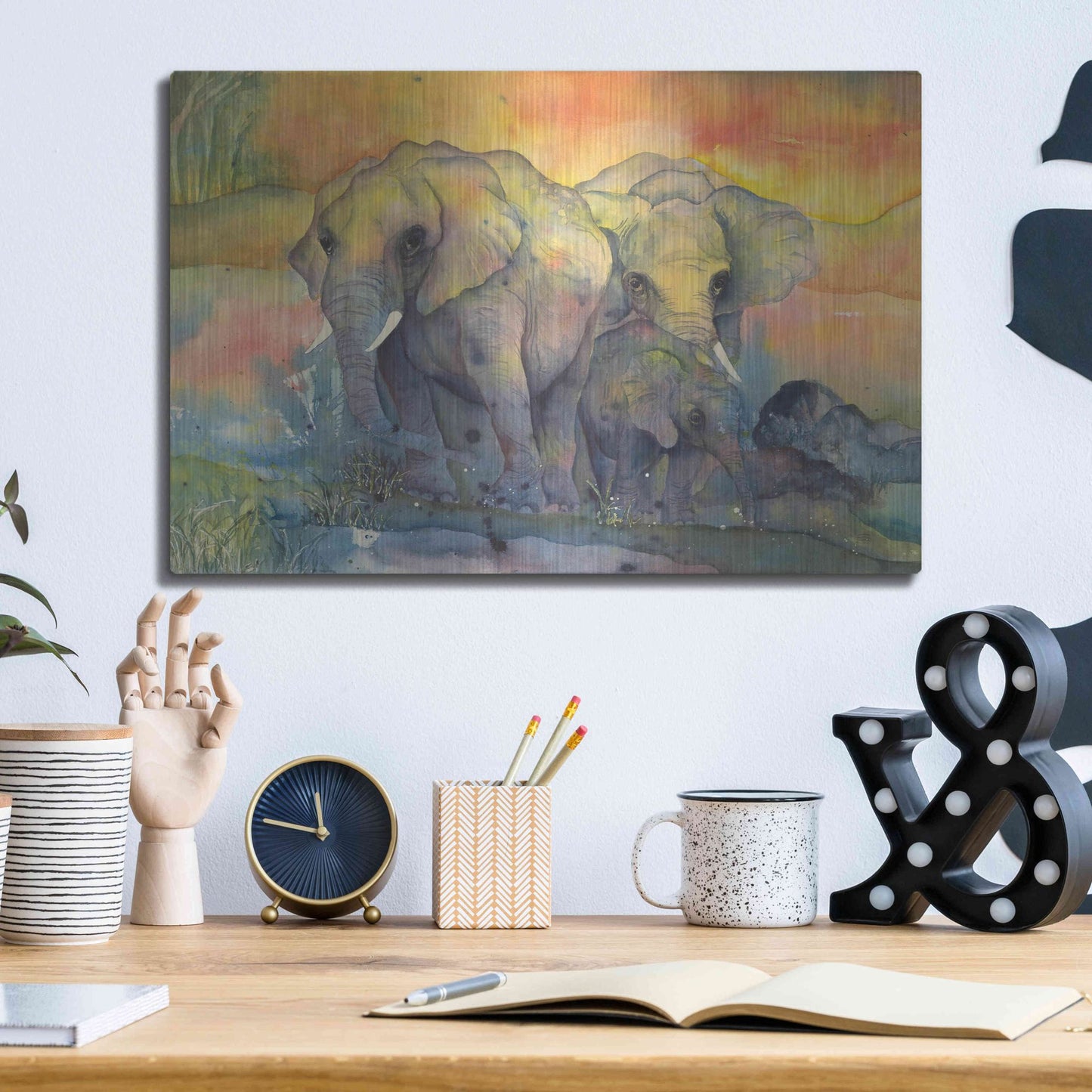 Luxe Metal Art 'Elephants Crop' by Chris Paschke, Metal Wall Art,16x12