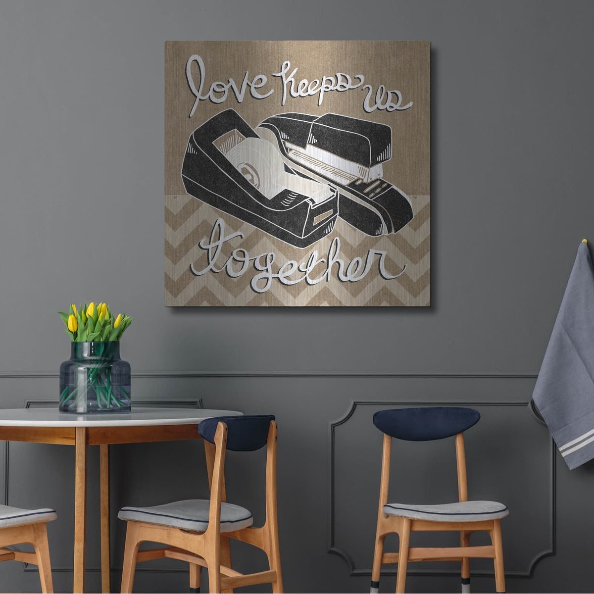'Love Keeps Us Together Taupe' by Mary Urban – Metal Wall Art, 36x36 room view
