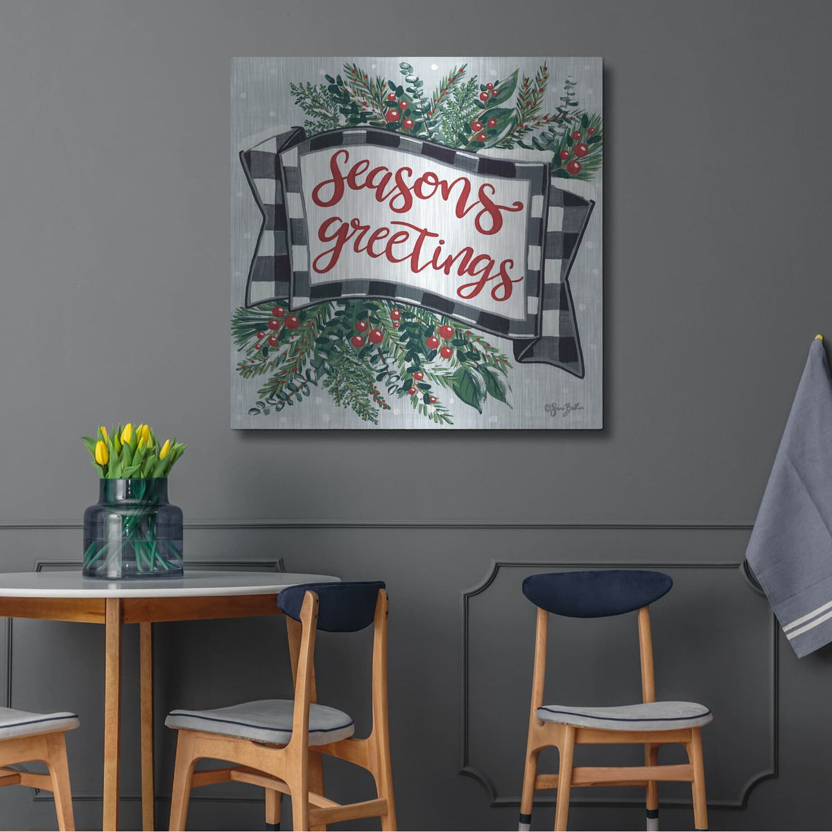 'Seasons Greetings Banner' by Sara Baker – Metal Wall Art, 36x36 room view