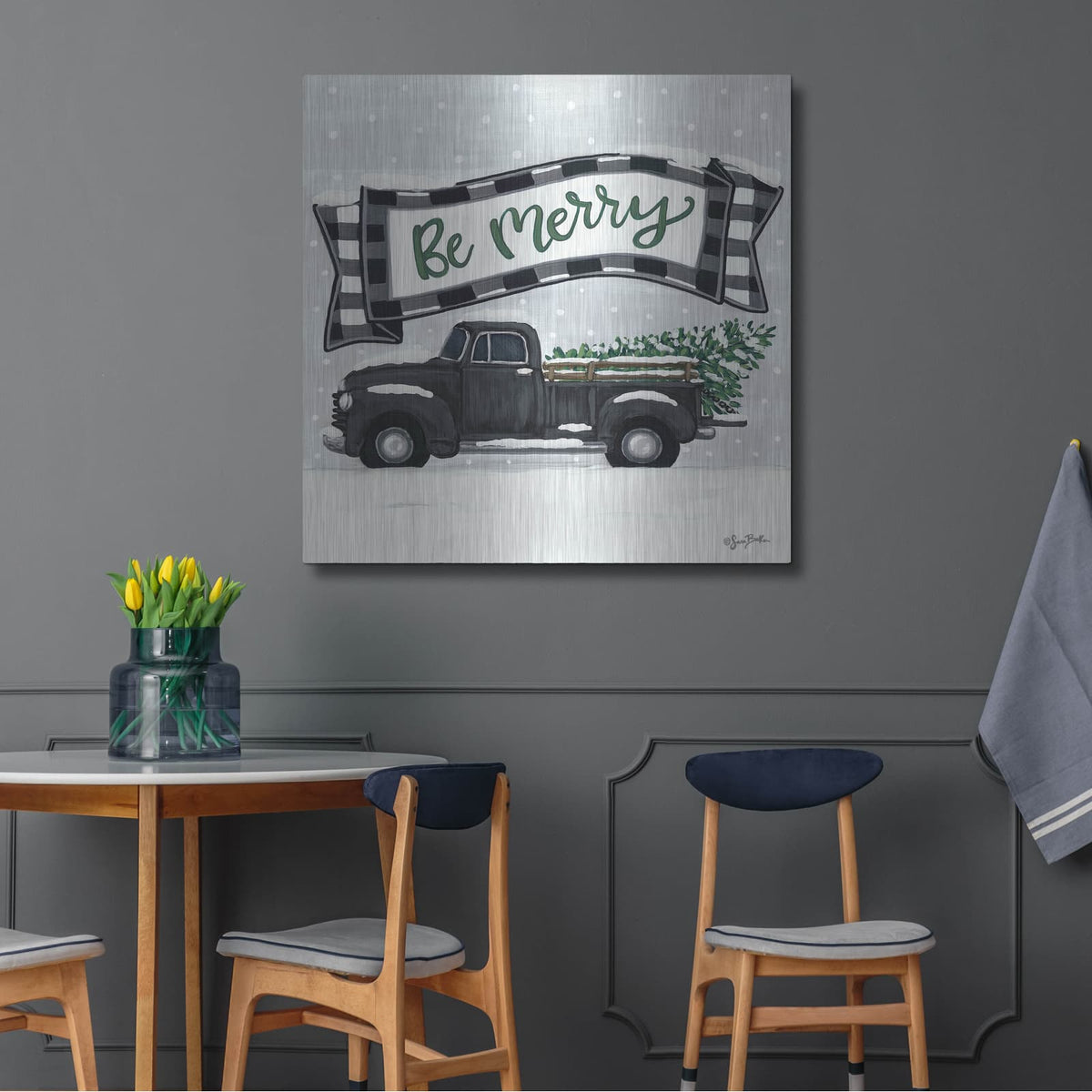 'Be Merry Truck' by Sara Baker – Metal Wall Art, 36x36 room view