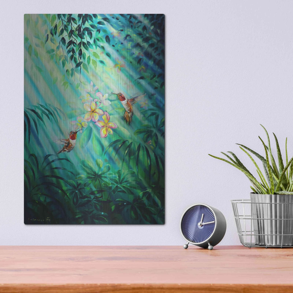 'Hummingbirds Plumeria' by Jan Kasparec – Metal Wall Art, 12x16 room view