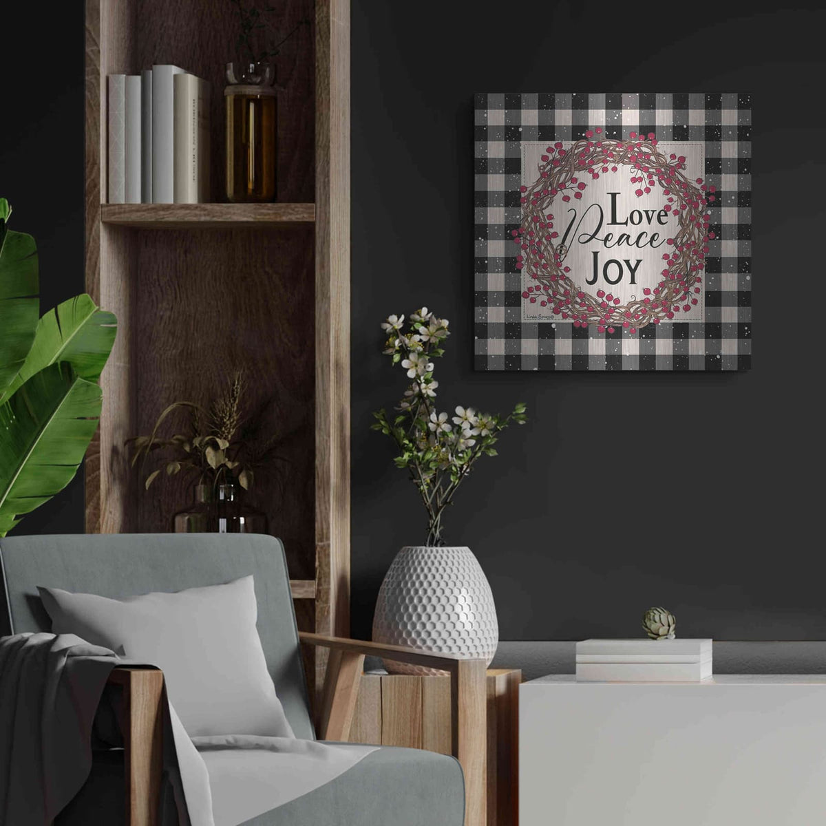 'Love Peace Joy with Berries' by Linda Spivey – Metal Wall Art, 24x24 room view