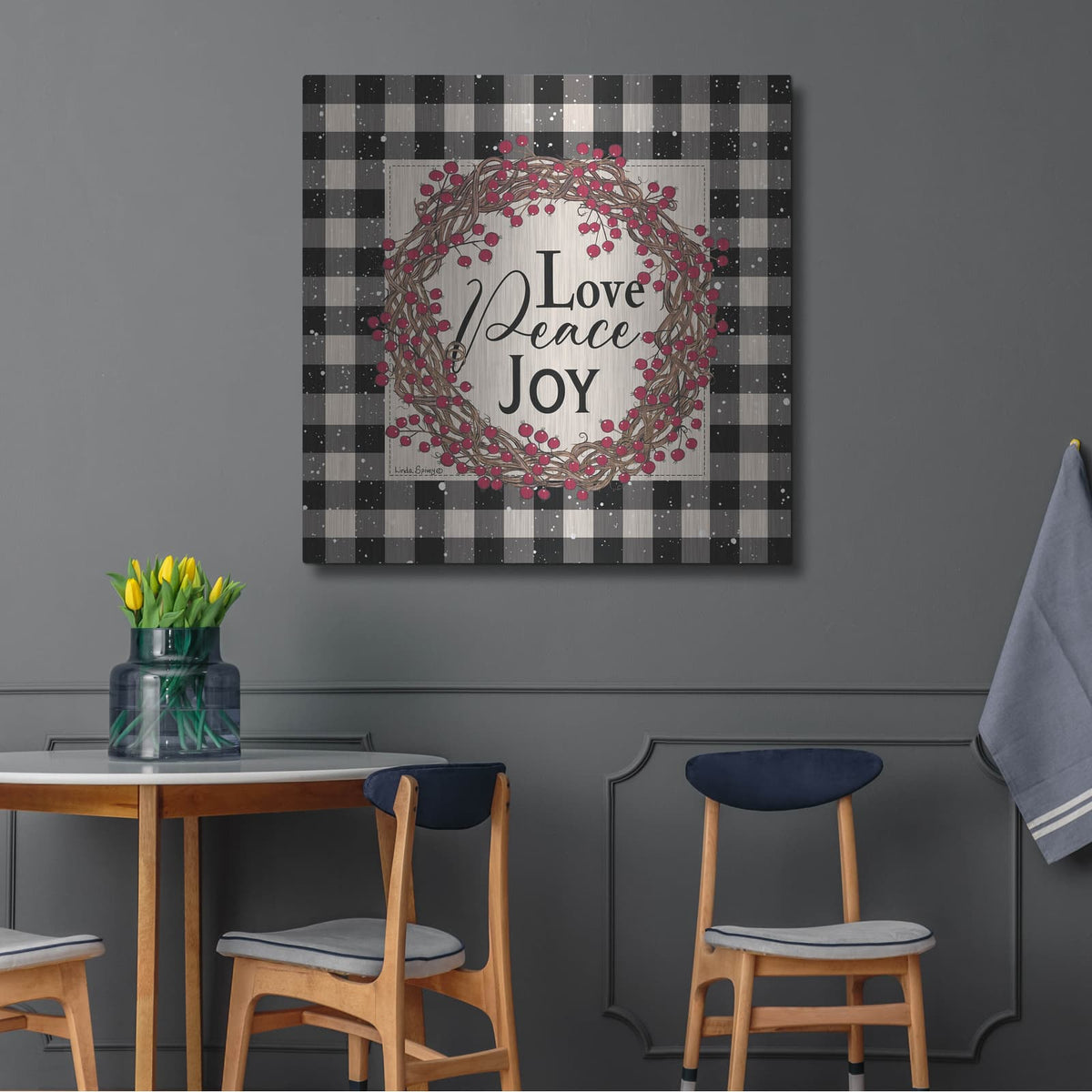 'Love Peace Joy with Berries' by Linda Spivey – Metal Wall Art, 36x36 room view