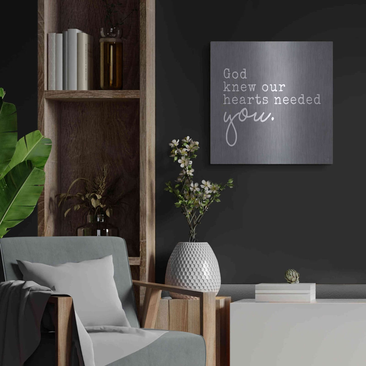 'God Knew Our Hearts Needed You' by Lux + Me – Metal Wall Art, 24x24 room view