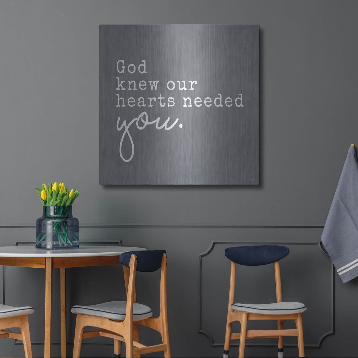 'God Knew Our Hearts Needed You' by Lux + Me – Metal Wall Art, 36x36 room view