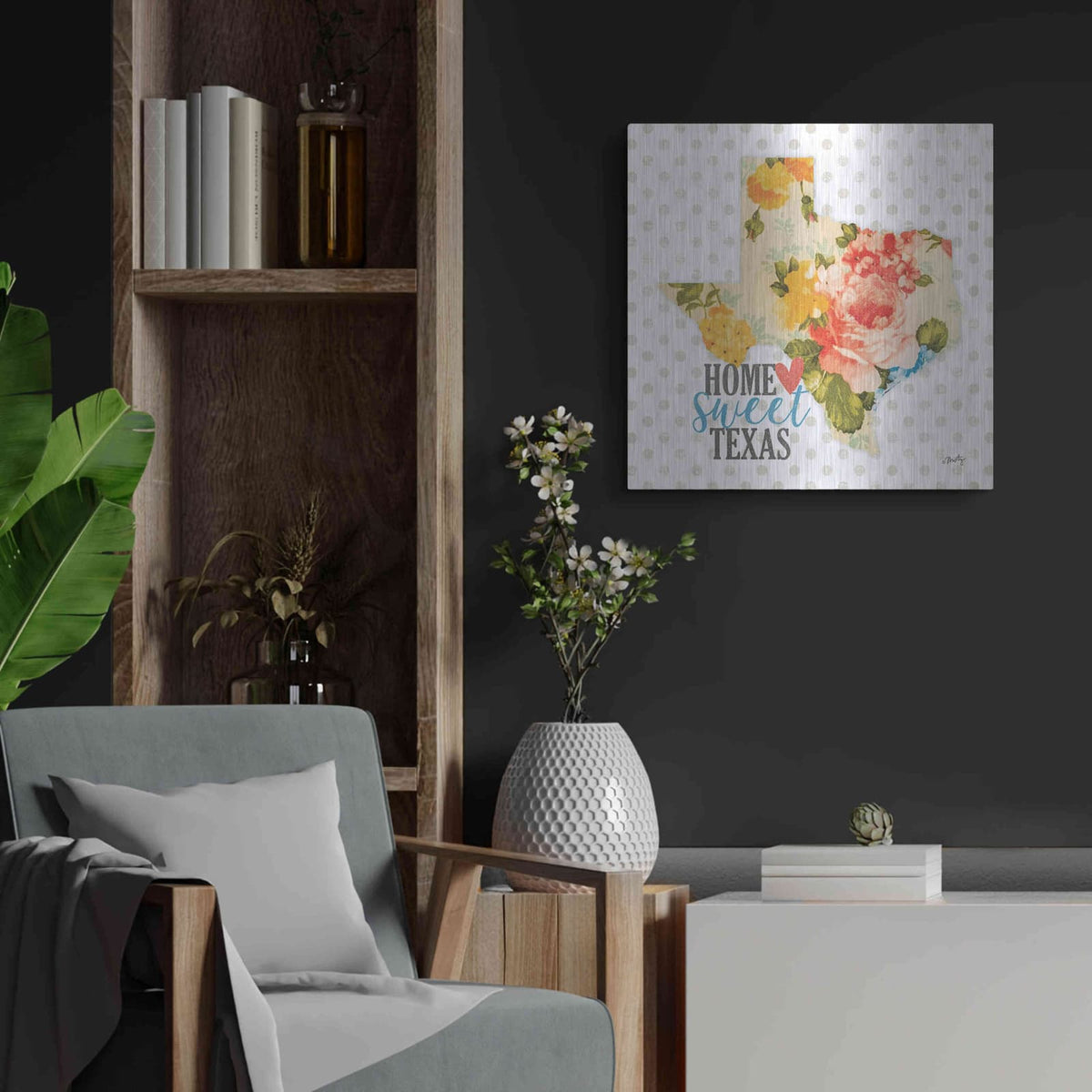 'Home Sweet Texas Floral' by Misty Michelle – Metal Wall Art, 24x24 room view