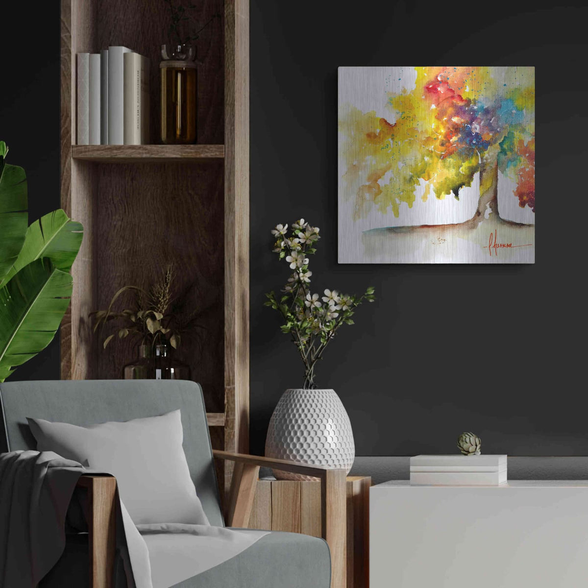 'Rainbow Trees I' by Leticia Herrera – Metal Wall Art, 24x24 room view