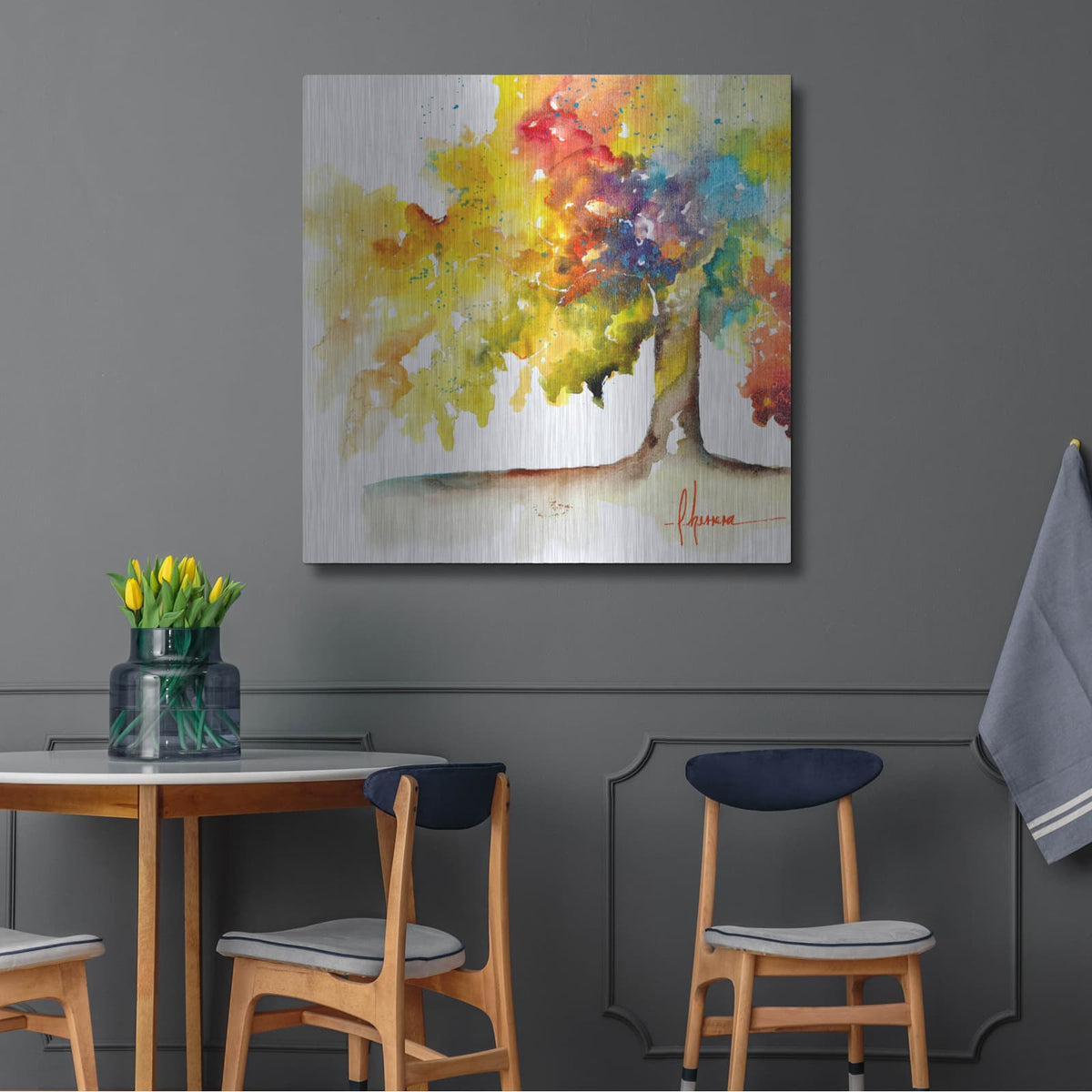 'Rainbow Trees I' by Leticia Herrera – Metal Wall Art, 36x36 room view