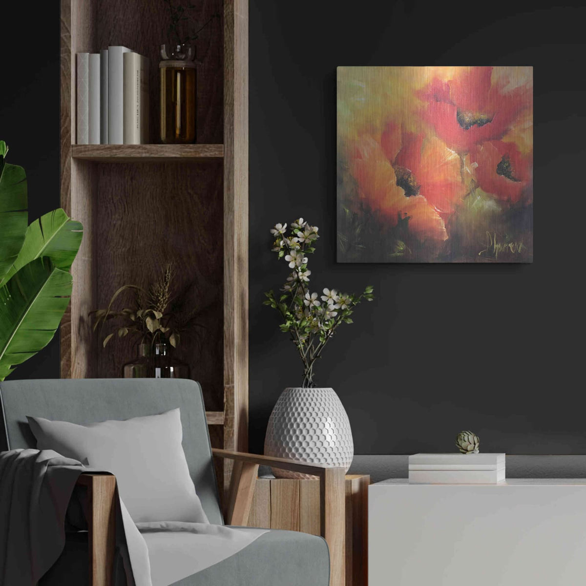 'En Rojos' by Leticia Herrera – Metal Wall Art, 24x24 room view