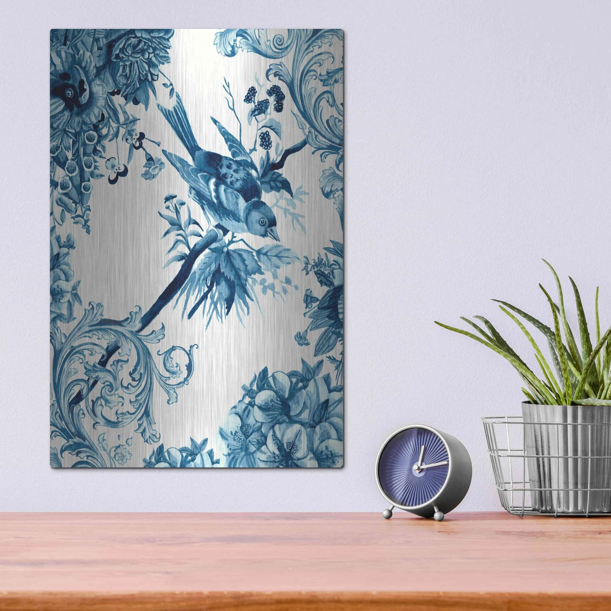 'Bird and Branch in Indigo II' by Naomi McCavitt – Metal Wall Art, 12x16 room view
