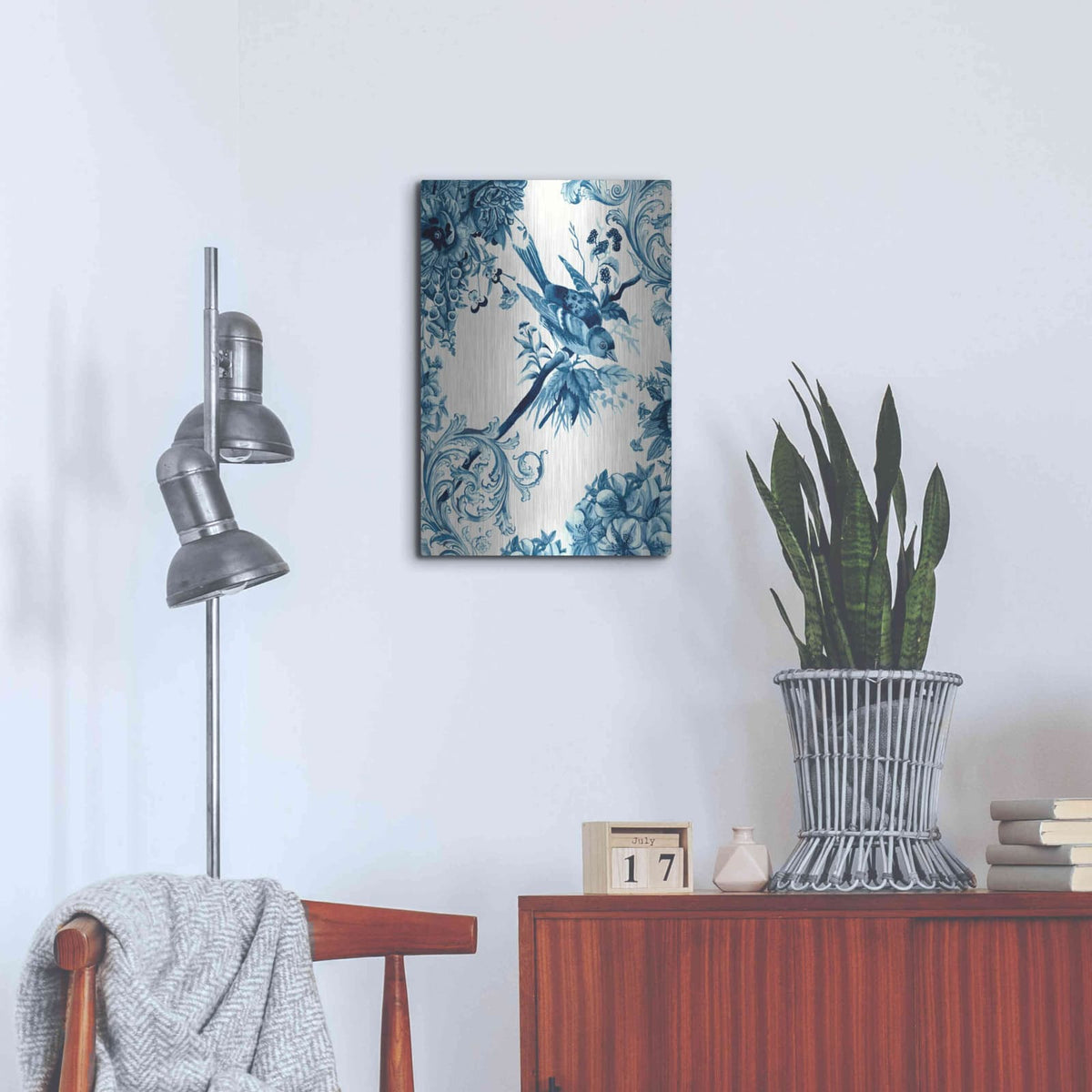 'Bird and Branch in Indigo II' by Naomi McCavitt – Metal Wall Art, 16x24 room view