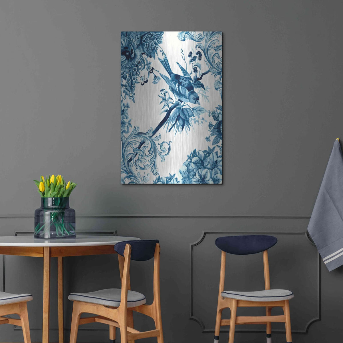 'Bird and Branch in Indigo II' by Naomi McCavitt – Metal Wall Art, 24x36 room view