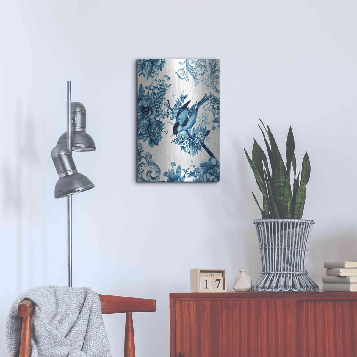 'Bird and Branch in Indigo I' by Naomi McCavitt – Metal Wall Art, 16x24 room view