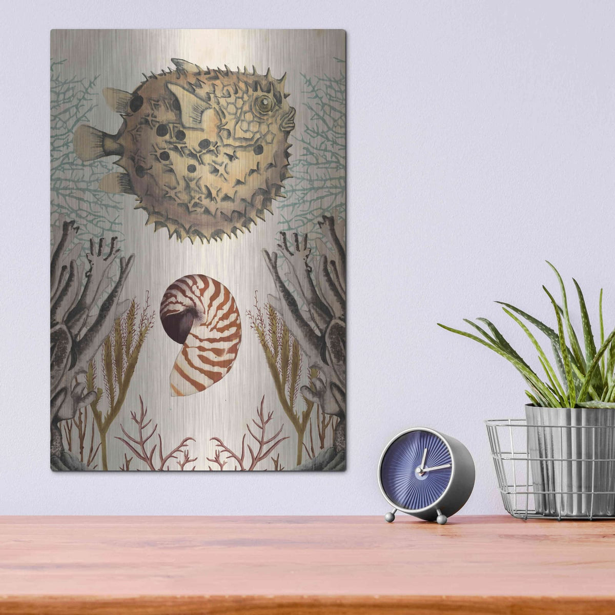 'Antiquarian Menagerie-Puffer Fish' by Naomi McCavitt – Metal Wall Art, 12x16 room view