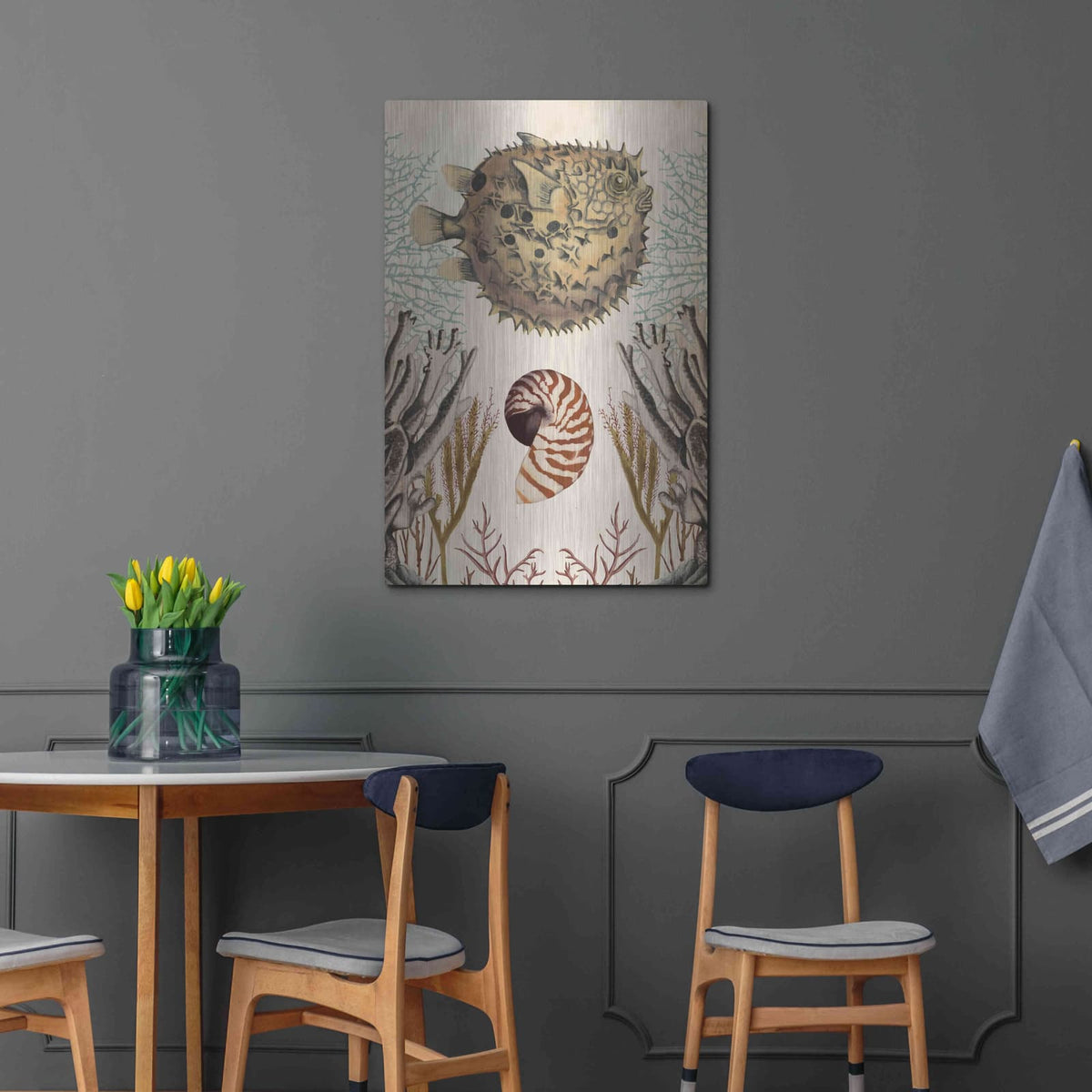 'Antiquarian Menagerie-Puffer Fish' by Naomi McCavitt – Metal Wall Art, 24x36 room view