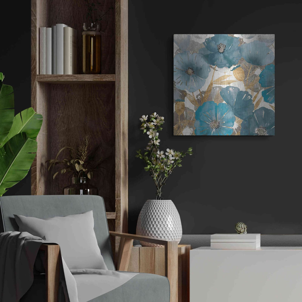 'Blue and Gold Poppies I' by Studio W – Metal Wall Art, 24x24 room view