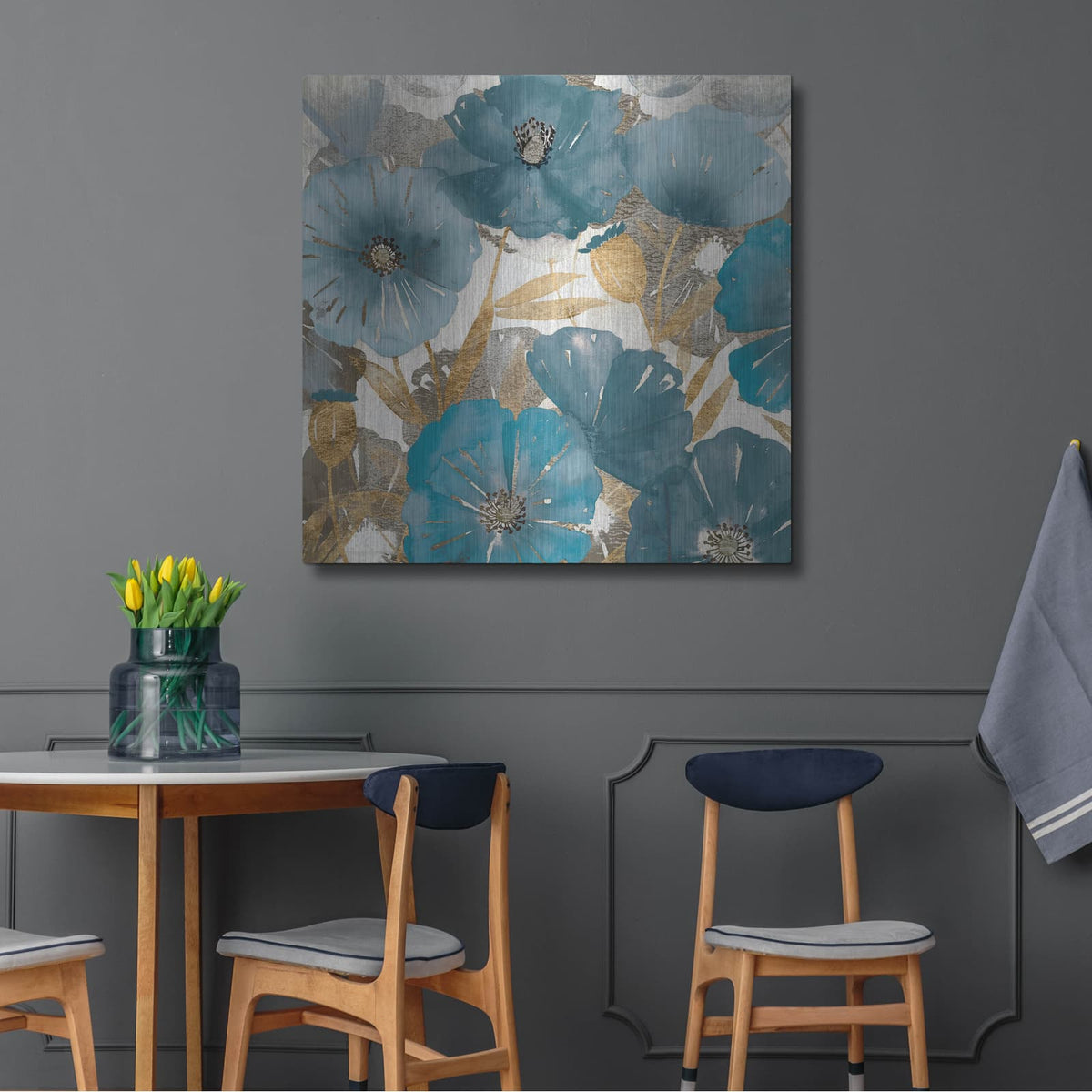 'Blue and Gold Poppies I' by Studio W – Metal Wall Art, 36x36 room view