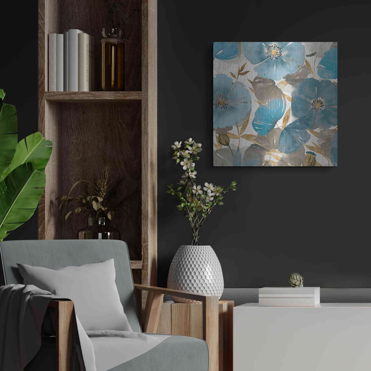 'Blue and Gold Poppies II' by Studio W – Metal Wall Art, 24x24 room view