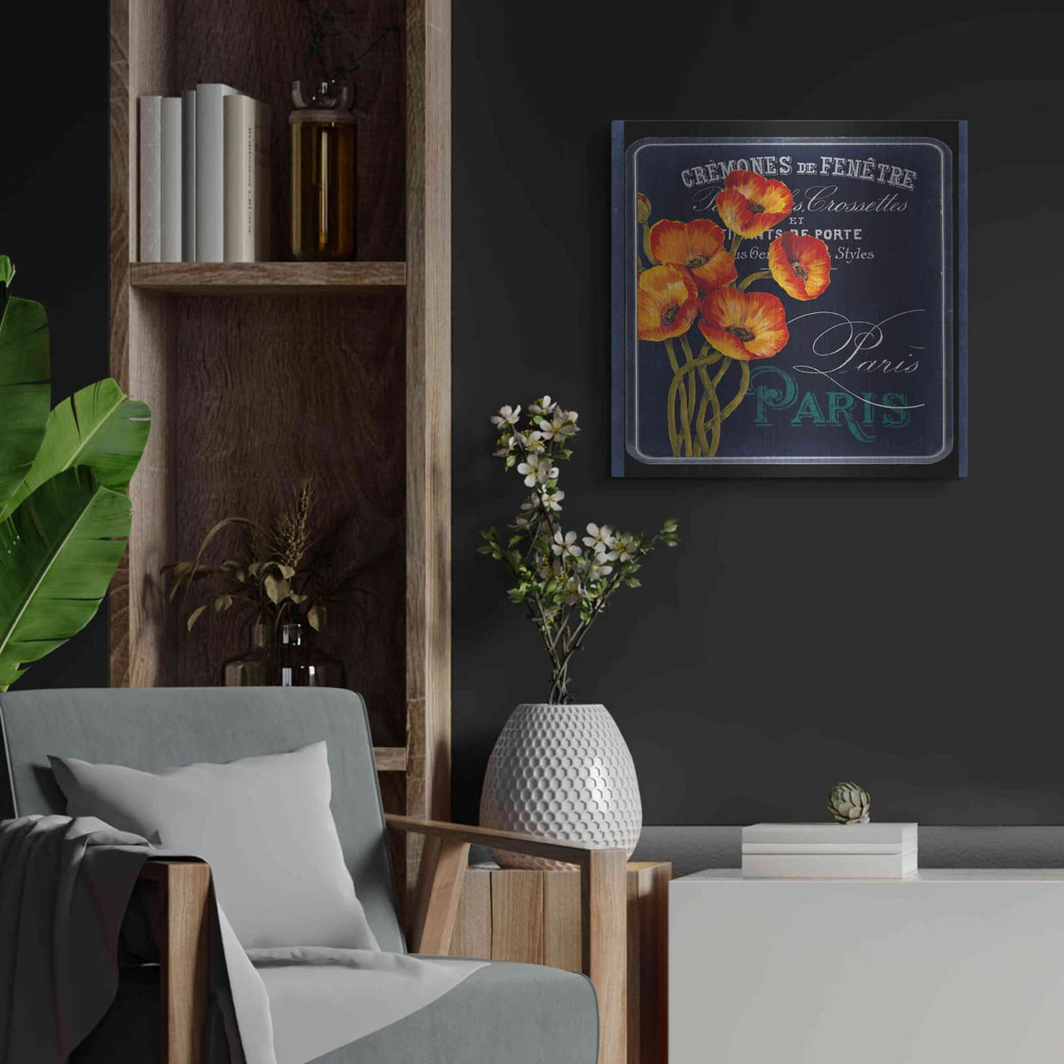 'Chalkboard Paris Collection E' by Studio W – Metal Wall Art, 24x24 room view