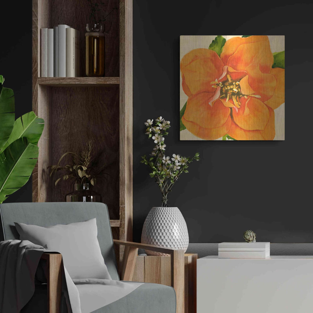 'Copper Petals I' by Annie Warren – Metal Wall Art, 24x24 room view